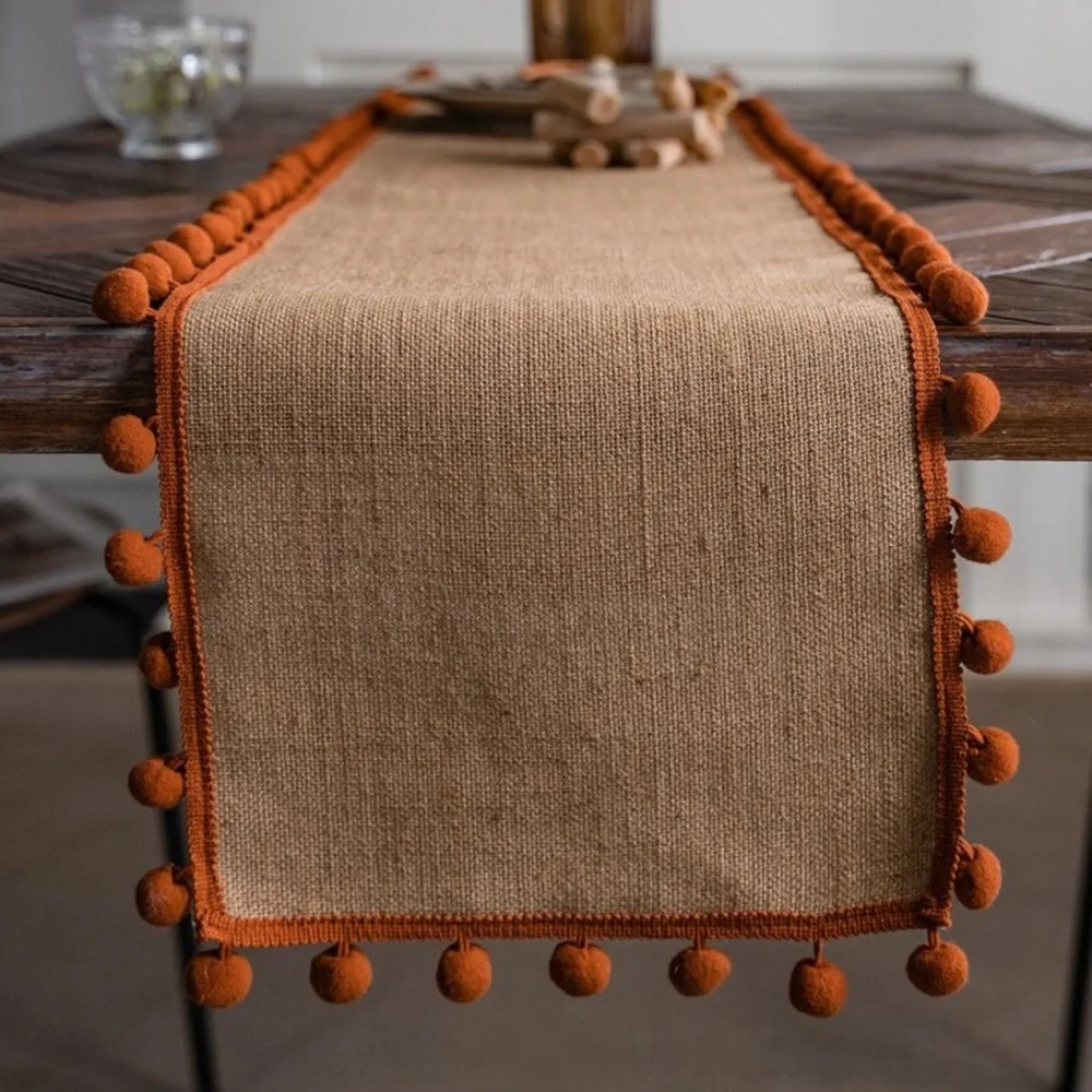 Boho Pom Pom Table Runner 87” Neutral Beige Rustic Farmhouse Dining Decor